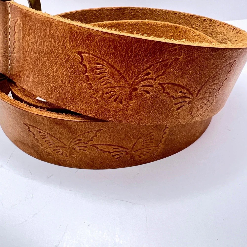 Tan Genuine Leather Butterfly Embossed Belt Solid Brass Buckle‎ Medium Large
